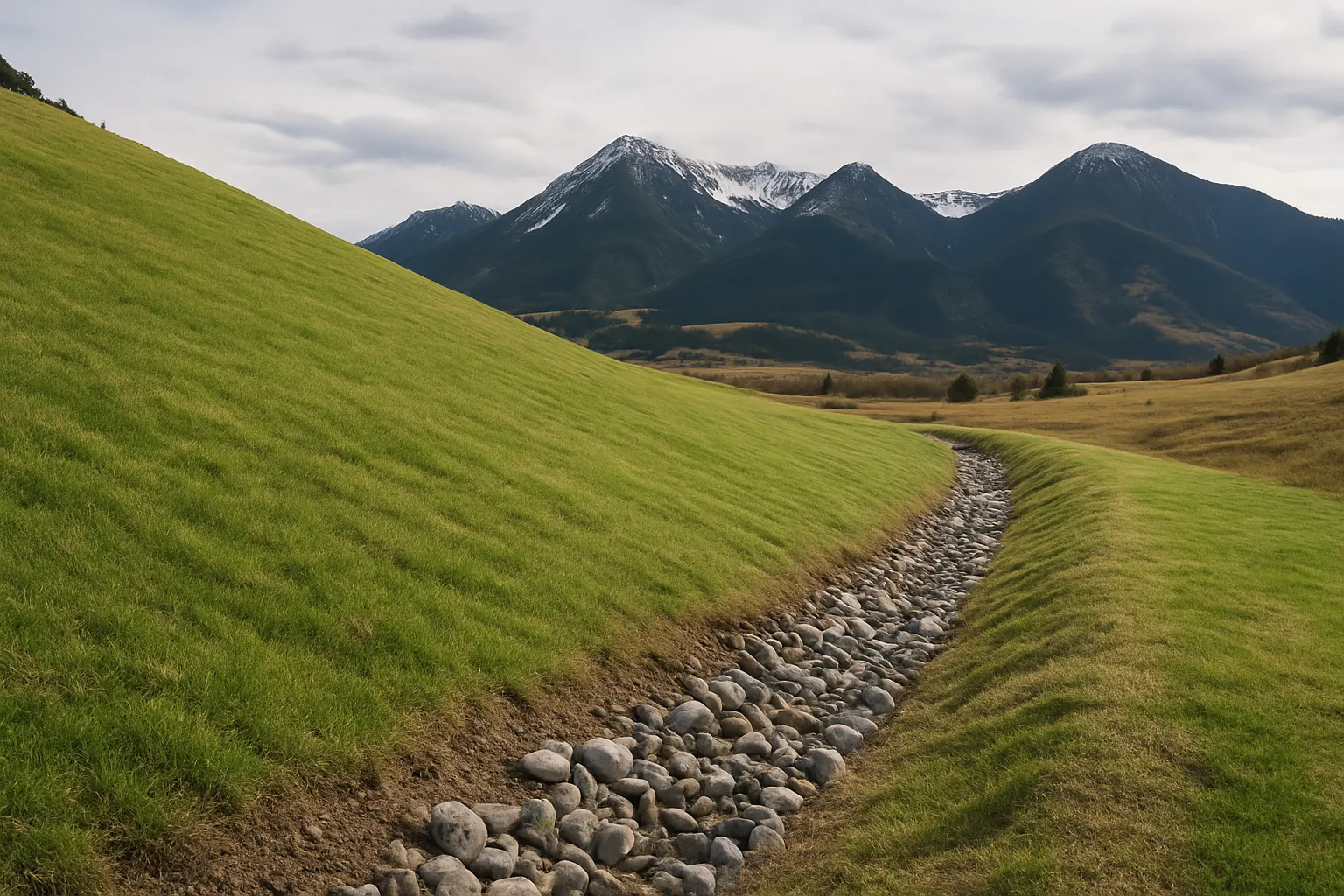 A freshly seeded and stabilized graded Montana slope with green grass coming up and a rock-lined channel