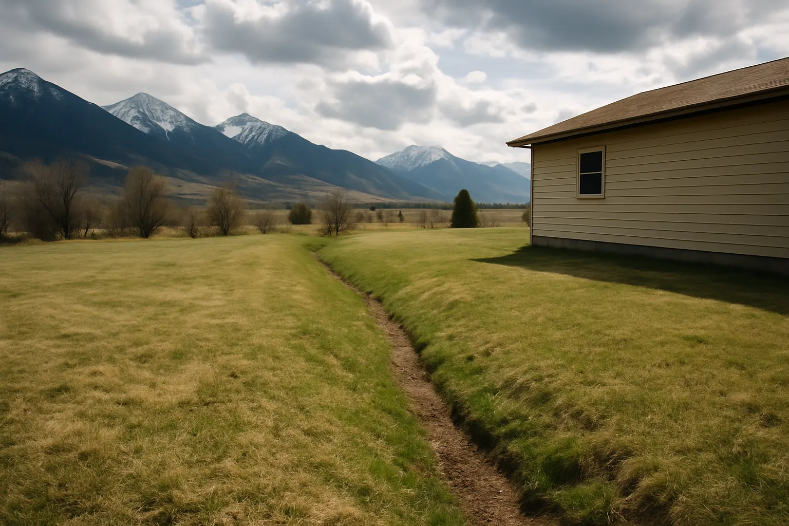 A shallow grassy drainage swale shaped across a rural Montana yard carrying water away from a house