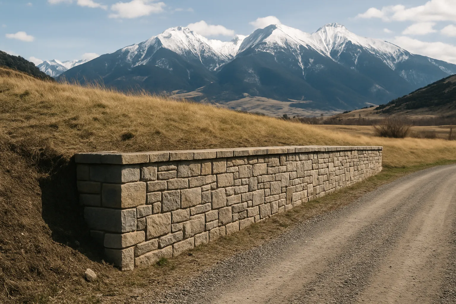 A built mortared stone-and-block retaining wall holding a grade beside a rural Montana driveway