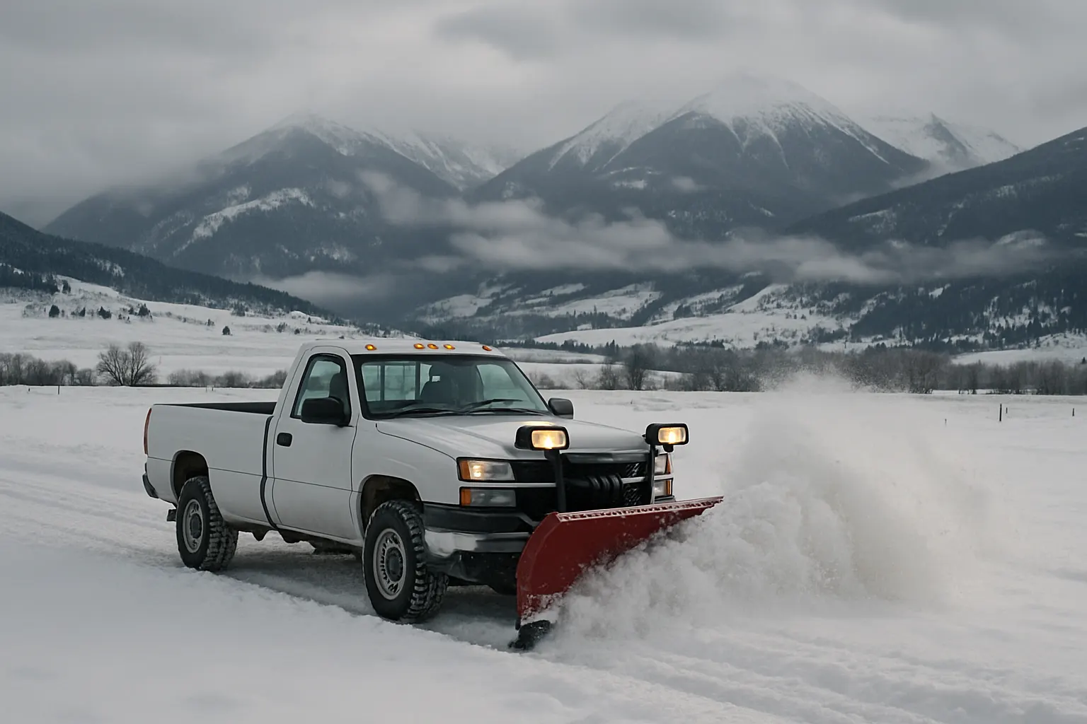 A pickup truck with a snow plow pushing deep snow across a rural Montana lot