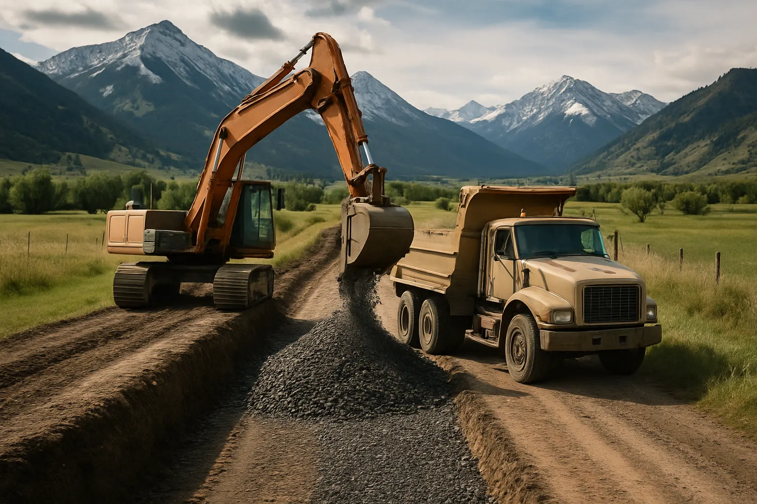 An excavator and dump truck rebuilding the base of a torn-up gravel road in Montana